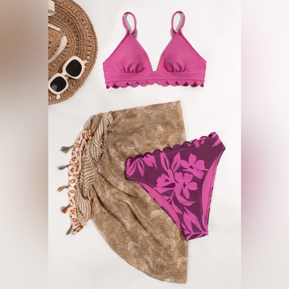 Scalloped 3 piece swimsuit sarong set